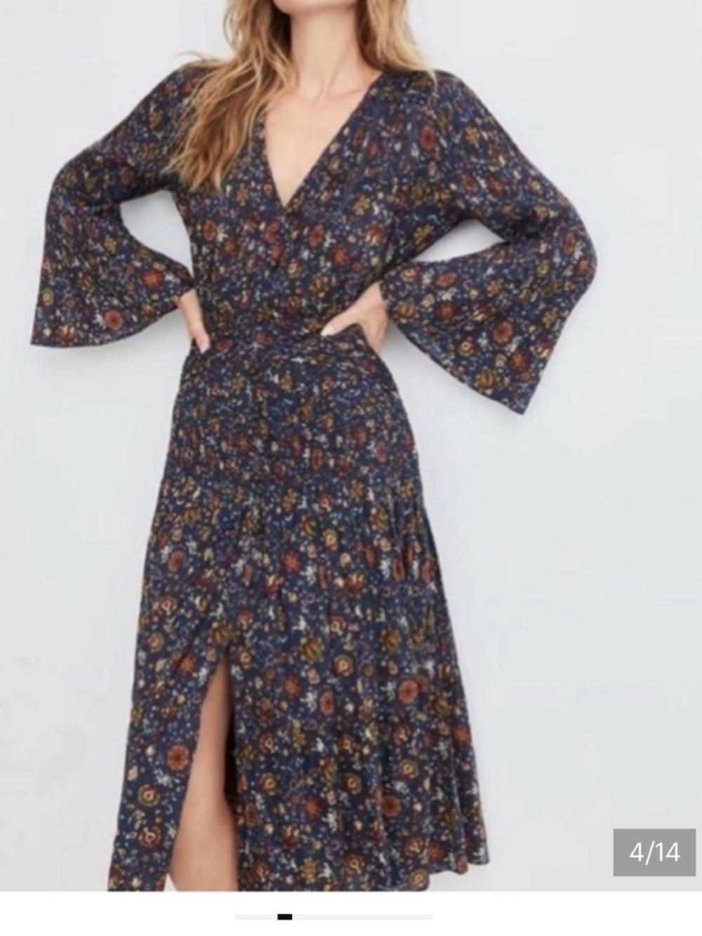 Veronica Beard Navy Floral Midi Dress with Bell Sleeves